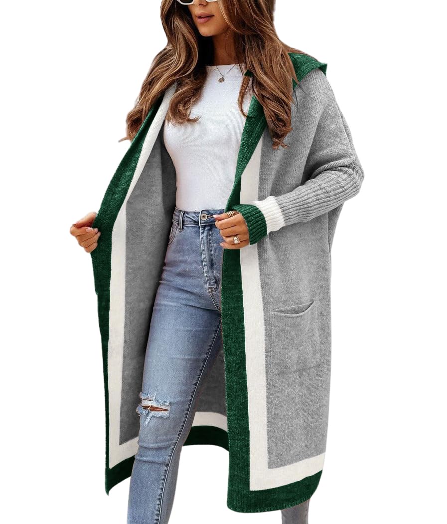 chouyatou Women's Color Block Vertical Striped Open Front Oversized Hooded Long Cardigan Sweaters with Pockets