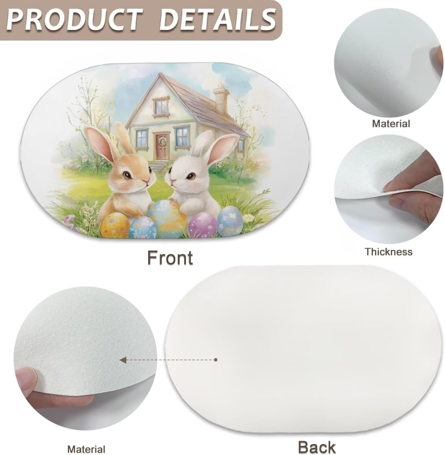 Easter Bunny Placemats Waterproof Oval Placemats for Dining Table Heat Resistant Table Mats Set of 4 Washable Place Mats Non-Slip Table Mats for Patio Table Wedding Decor