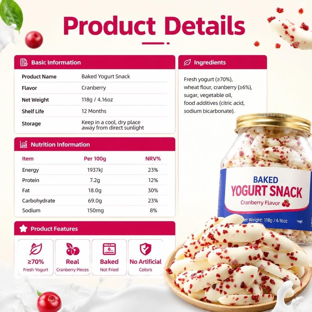 Pieczone chipsy jogurtowe o smaku żurawinowym 118g puszka, chrupiąca