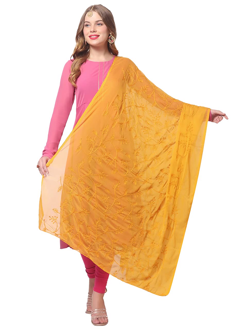 dupatta bazaar Women's Mustard Floral Embroidered Chiffon Dupatta-picture-35
