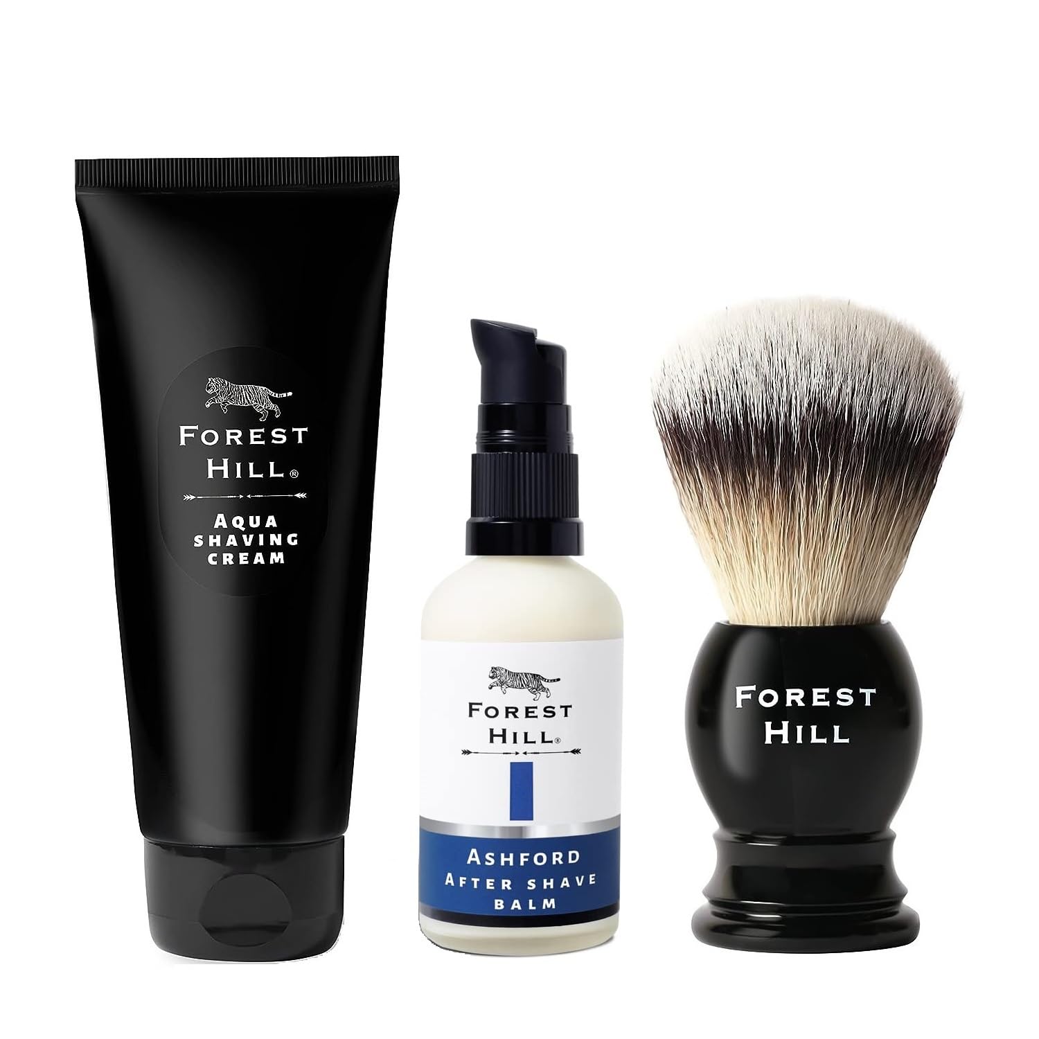 Forest Hill Men Grooming Diwali Gift Set, Pack of 3 Luxury Shaving Kit, Post Shave Balm 100ml, Aqua Shaving Cream 75g and Easy Grip Soft Hair Black Shaving Brush With Holder, Ideal For Personal and Professional Salon