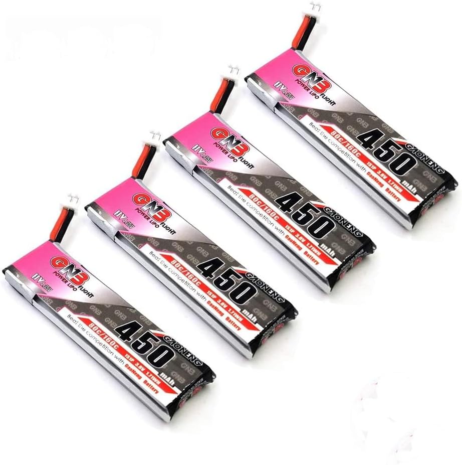4pcs GNB 450mAh 1S HV LiPo Battery 3.8V 80C JST-PH 2.0 PowerWhoop mCPX Connector for EMAX Quadcopter Micro FPV Racing Drone (450mAh 1s)