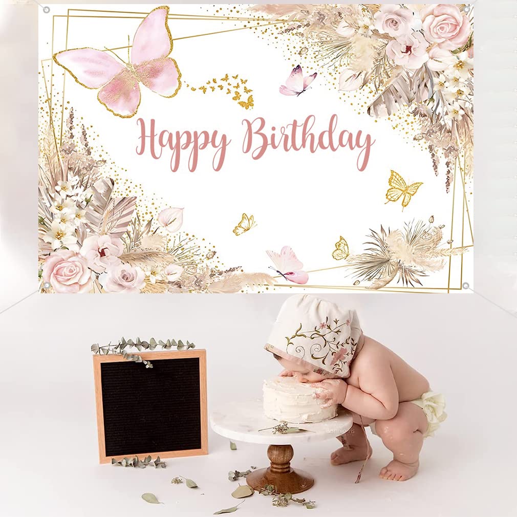 Festone Compleanno Happy Birthday - Decorazione Floreale E Farfalle 150x90 Cm Per Feste - Foto 4