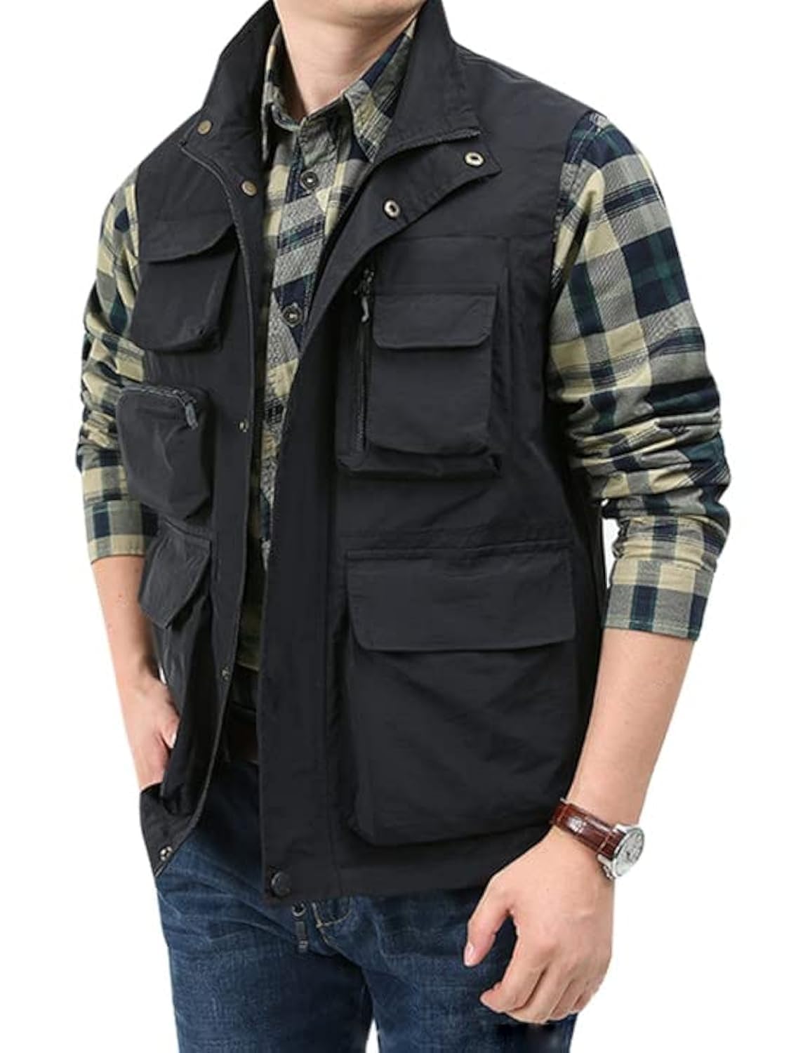 Menâ€™s Utility Vest Summer Outdoor Lightweight Cargo Safari Fishing Vests Shooting Travel Vest with Pockets