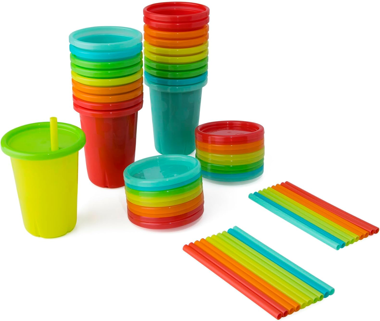 The First Years Take & Toss Straw Cups - Spill-Proof Kids Cups with Snap-On Lids and Straws - Portable and Dishwasher Safe Party Pack - Rainbow - 10 Oz - 20 Count - Ages 18 Months and Up