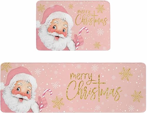 Juego de 2 alfombras y tapetes de cocina de Navidad de Papá Noel, color rosa, dorado, blanco, copo de nieve, tapete de baño antideslizante para