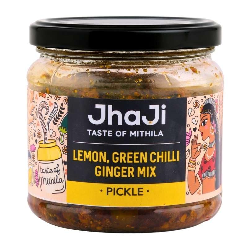Jhaji Store's Lemon, Ginger & Green Chilli Pickle | Nimbu Mirchi Ka Achar | Tangy, Spicy & Sour | Homemade Lemon Pickle with Ginger & Green Chilli | Sun-Dried | No Preservatives | 250g Plastic Jar