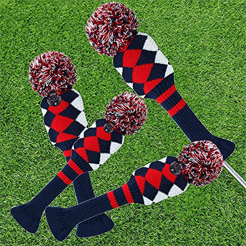 Knit Golf Club Head Covers Set of 4 Black&Red&White Stripes for Woods and Driver, Pom Pom Clubs Headcovers with Number Tag for Fairway Hybrids Men Women Golfer (3 Pack-Black&White Stripes) by FINGER TEN - Used condition - Image 5