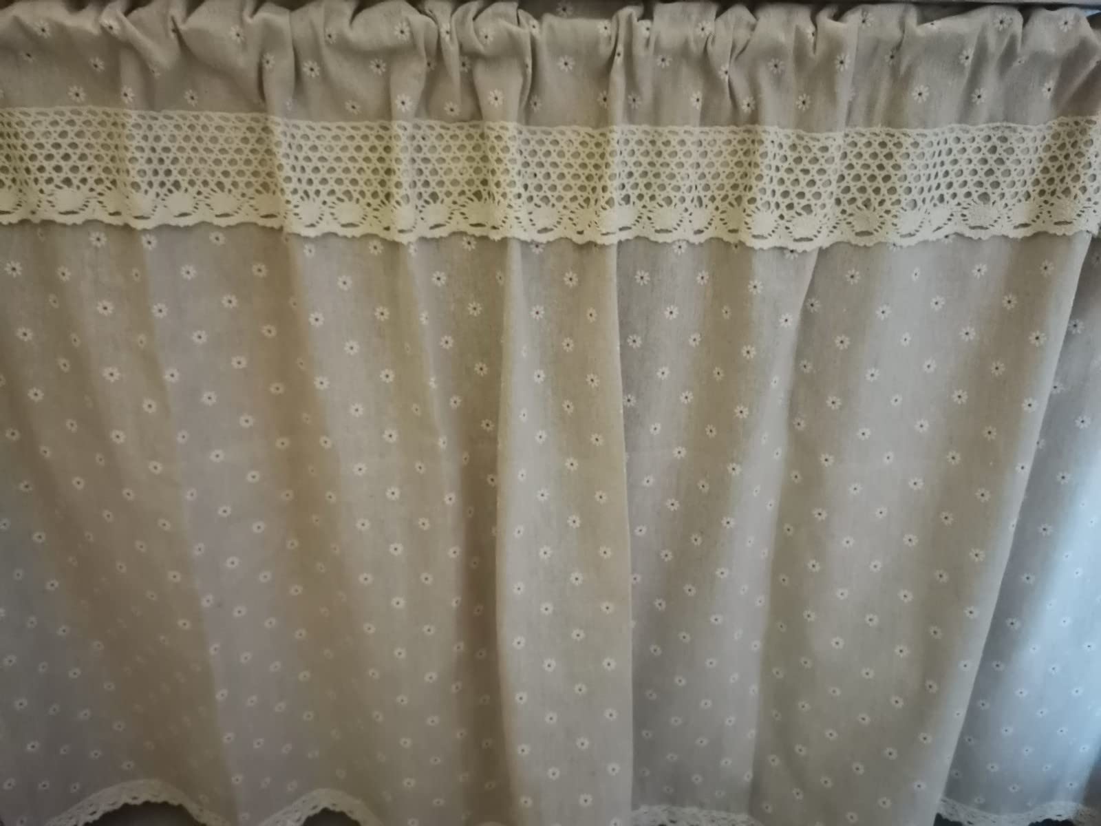 Petit rideau de fenêtre - Coton et lin - Cantonnière en dentelle florale - Style campagnard - Opaque - Pour cuisine, bistrot, café, magasin - Motif margherita