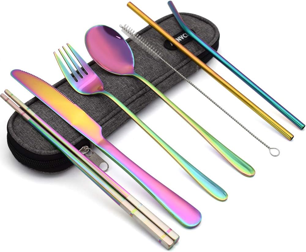Office Cutlery Set with Case for Lunch School Camping Office - Straw, Straight Straw, Knife, Fork, Spoon, Chopsticks, Cleaning Brush 8 Piece (Rainbow Multicolor)