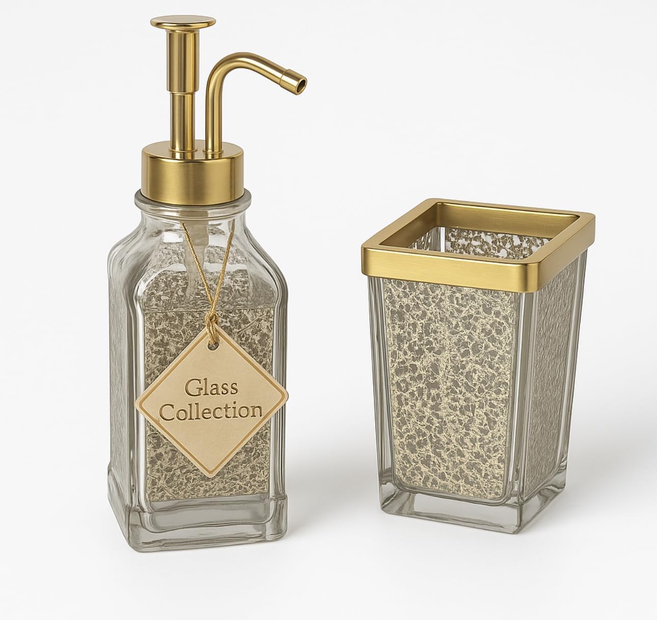 Glass Collection Mercury Bathroom Accessory Set, Soap Dispenser and Tumbler with Gold Trim, 2-Piece