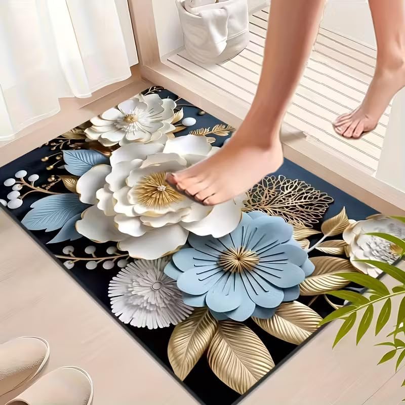 Image of Non-Slip 3D Floral Bath Mat, Quick Dry Absorbent Silicone Floor Mat, Anti Skid Doormat for Bathroom, Home, Office, Living Room, Hallway Runner, Soft Cushion Carpet Rug (Blue)