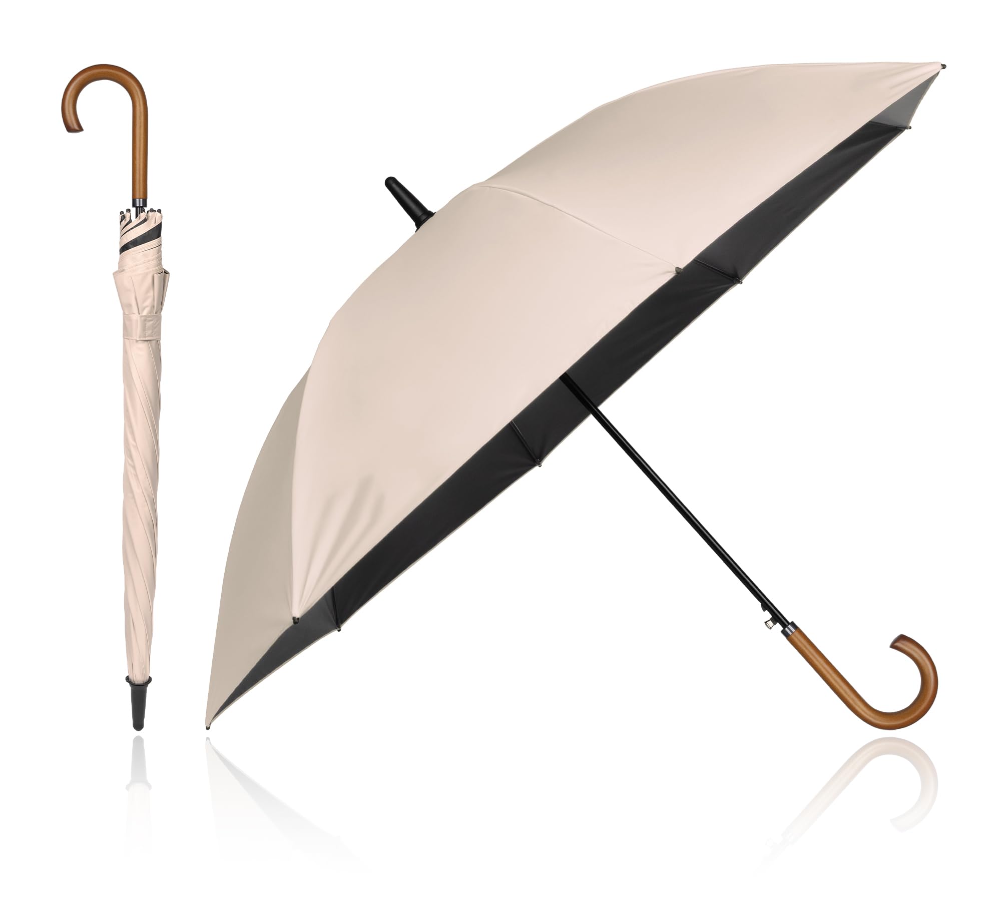 Zruier 日傘 長傘 【完全遮光100％・UVカット率100%・UPF50＋・遮熱・晴雨兼用長日傘】超軽量 メンズ レディース 紫外線対策 日焼け対策 涼しい 丈夫 8本骨 木製ハンドル 親骨58cm 深張り グラスファイバー 耐風 撥水 ワンタッチ ジャンプ傘 - 2