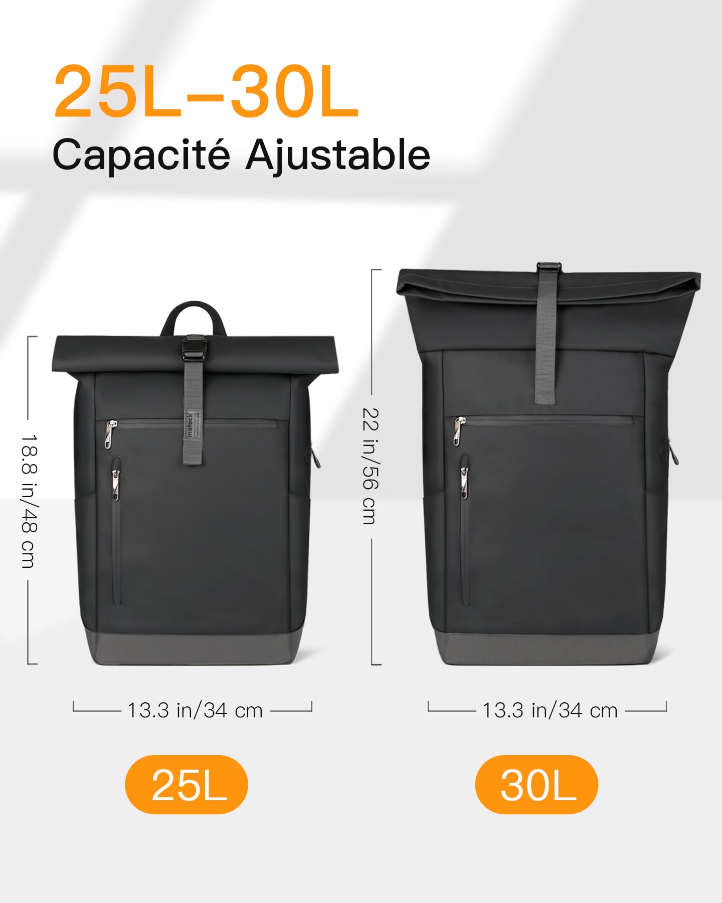 Inateck Sac à Dos Rolltop 25-30L Extensible, Vélo Voyage Loisir, Noir | Homme Femme, 17 Pouces PC, Anti-éclaboussures, Prise écouteurs, Zip accès rapide, Voyage Travail