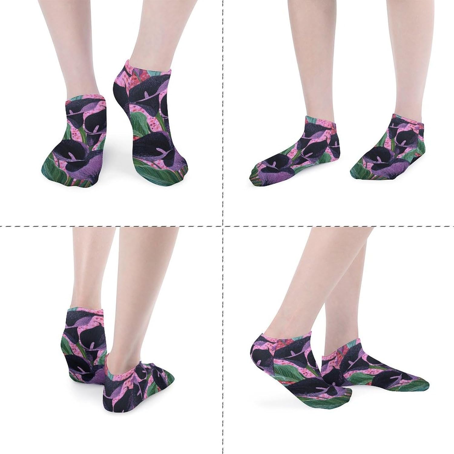 Calla Lilies Green Leaves Pink Dots No Show Ankle Socks Low Cut Non Slip Flat Boat Line 5 Pairs Set