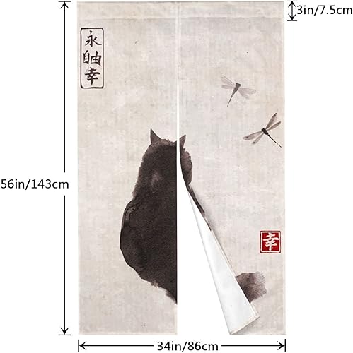 Miniatura 3 de Cortina japonesa Noren para puerta con diseño de gato y libélula pintura de tinta, tapiz para puerta de restaurante, para decoración del hogar,