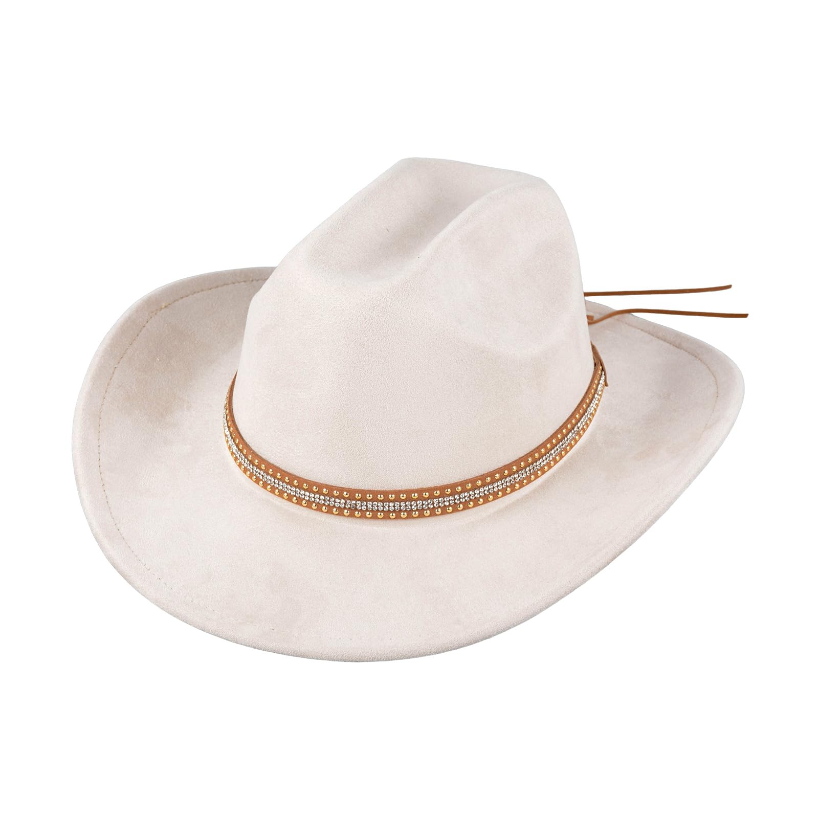 YFXREIL Western Cowboy Cowgirl Hat, Beige Felt Wide Brim Hat with Silver Rhinestones Leather Band for Women and Men, Classic Panama Hat for Outdoor Rodeo Daily Wear