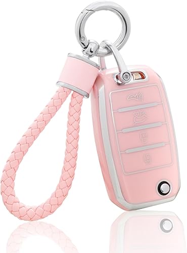 YO&YOYE Funda para llavero Kia con llavero, funda de TPU suave rosa para llave Kia Sedona Rio Optima Soul Sportage Sorento Carens Flip Key