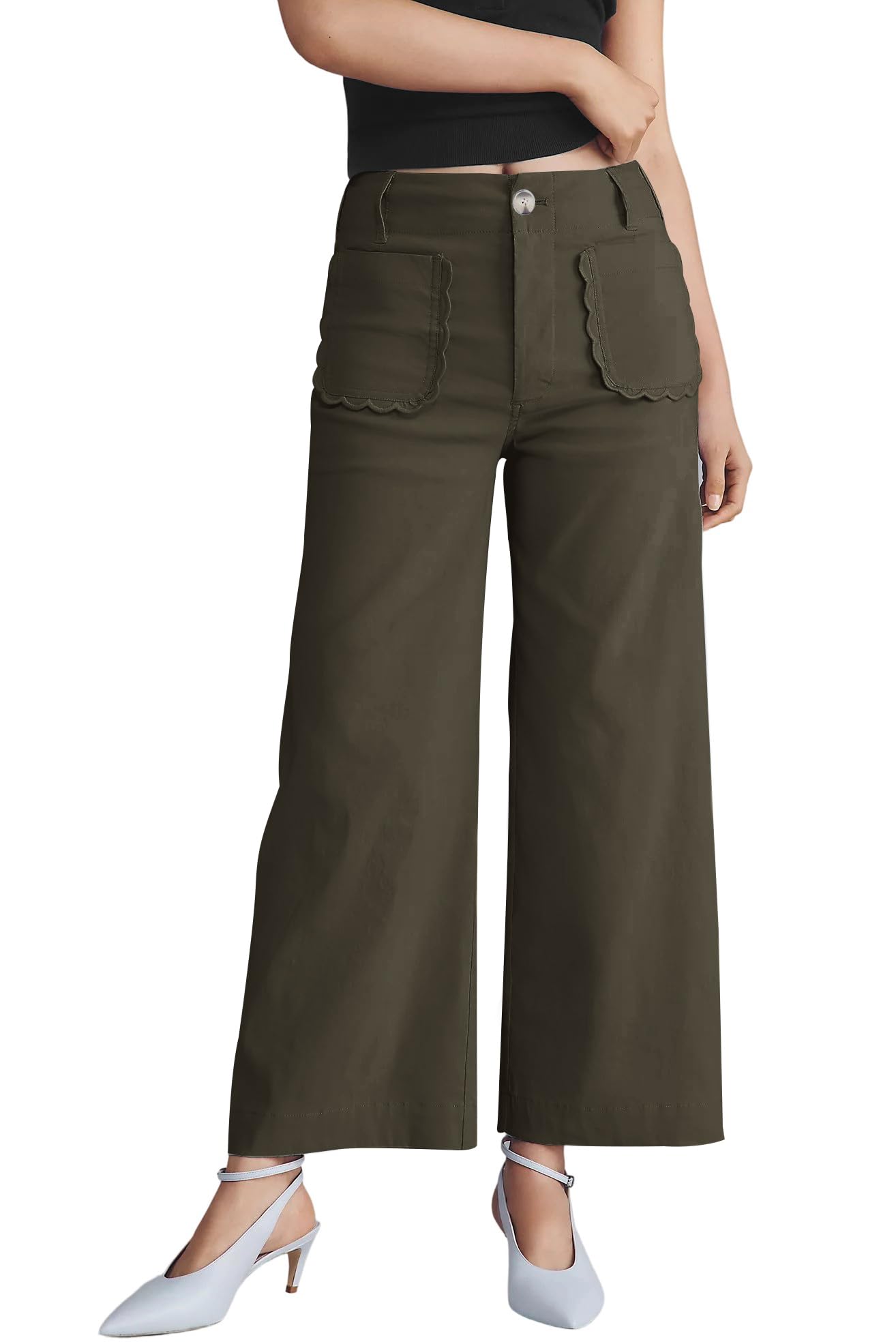Womens Wide Leg Pants Button Down High Waisted Loose Fit Cropped Hem Trousers with Pockets Casual Work Business
