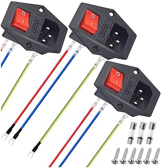 MKBKLLJY Pack of 3 AC 10 A 15 A 250 V Rocker Switch Socket Inlet Module Plug 3 Pieces IEC320 C14 10A Plug with 6 Pieces Mounting Screws 9 Pieces 18 AWG Extension Cable 3 Pieces 10 A Fuse