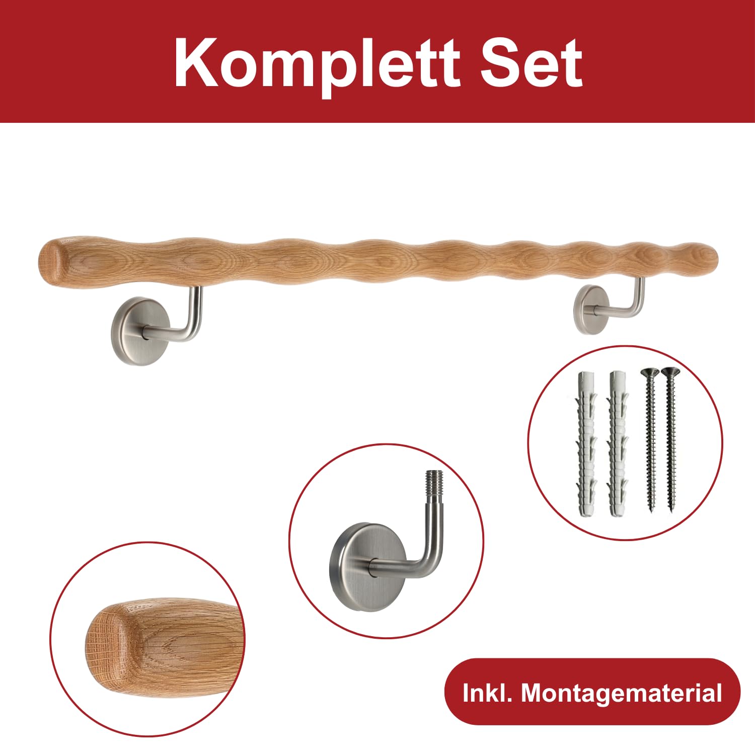 TIBU Barandilla de madera de roble ondulada con soporte de acero inoxidable en ángulo, barra de giro, varilla ginástica, barra ergogénica y entrenador de dedos, longitud de 100 cm y soporte modelo A