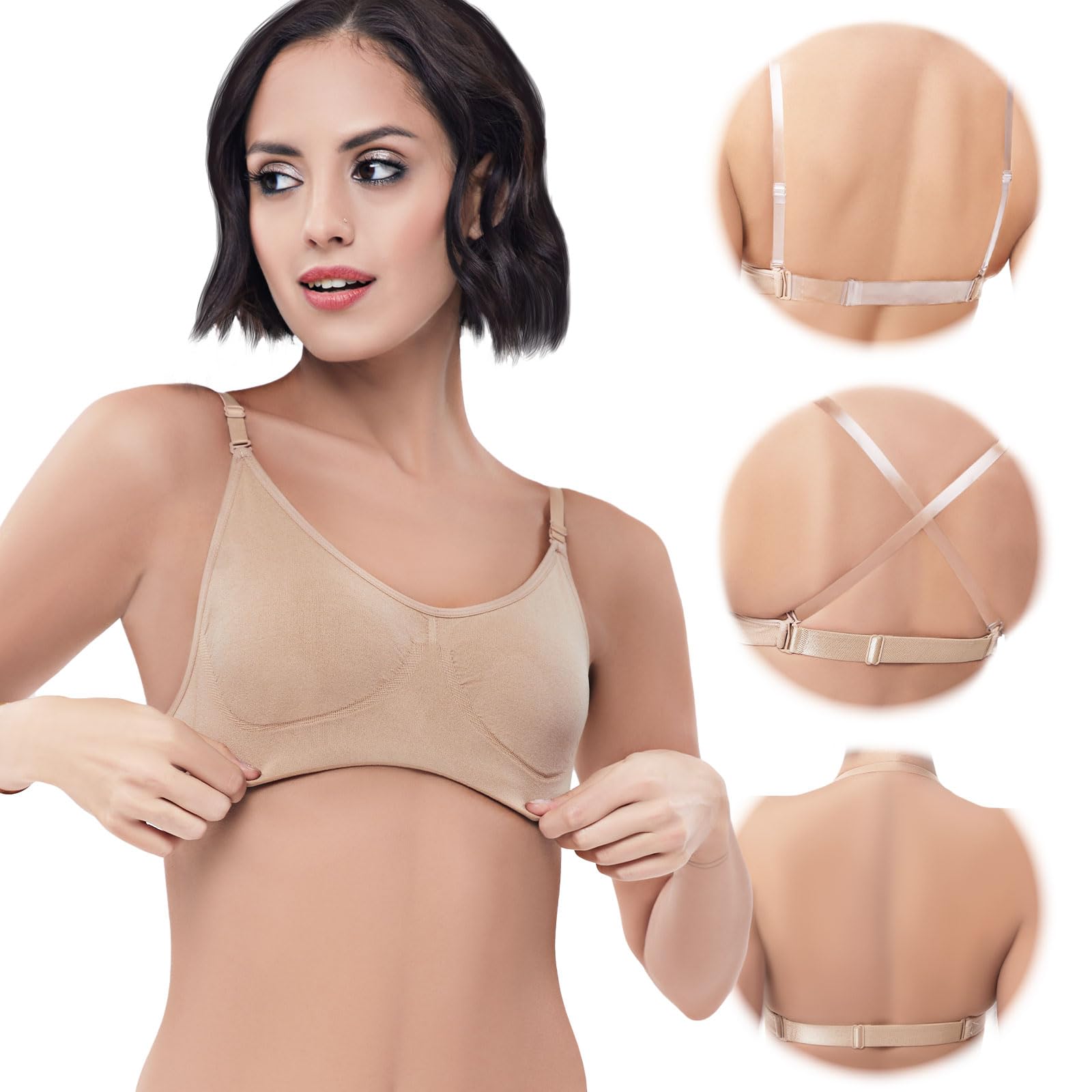 iMuchicWomen's Clear Strap Bra Nude Dance Bra Seamless Invisible Backless Ballet Bras with Adjustable Straps