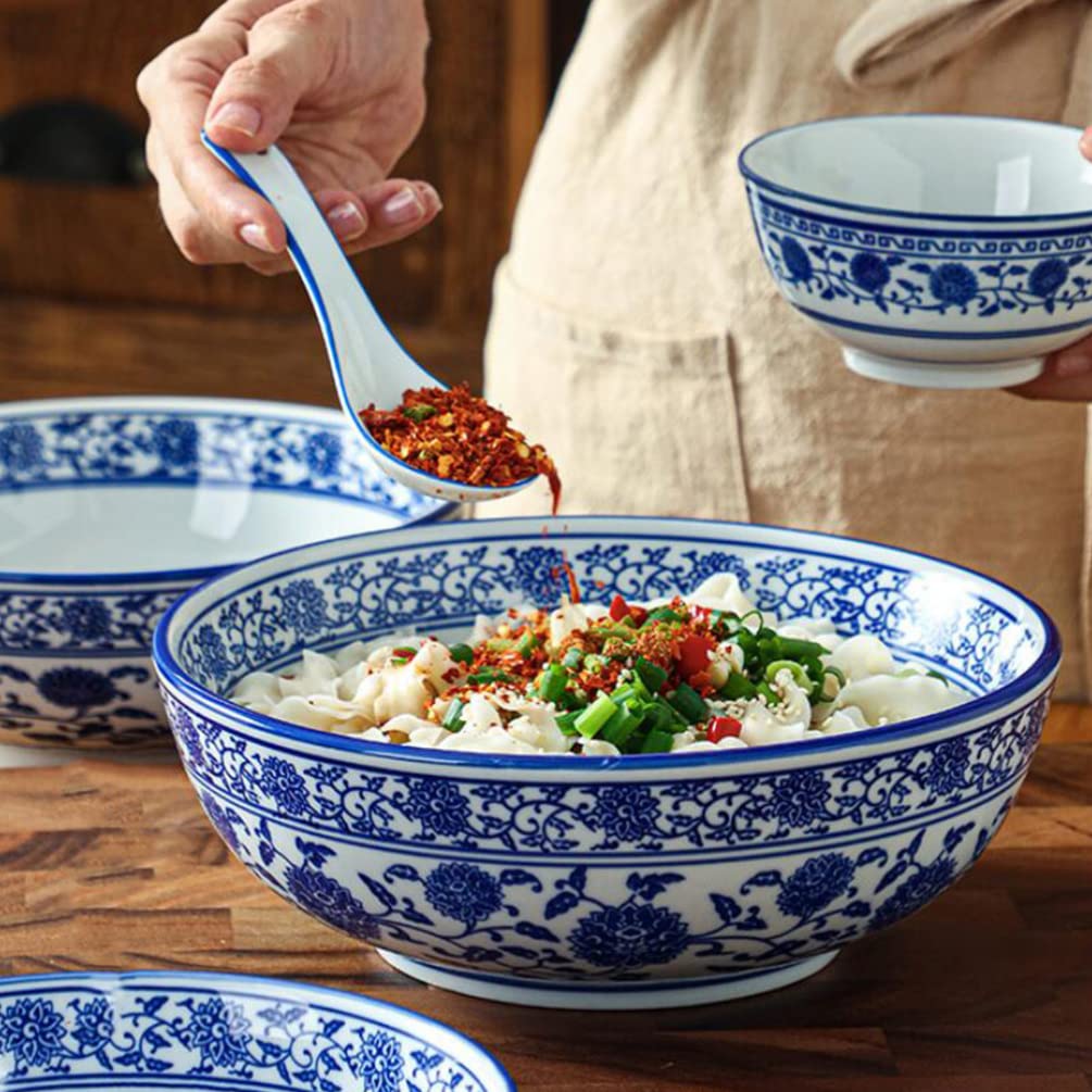 YARNOW Ciotola in porcellana blu e bianca da 20,3 cm, ciotola per zuppa di noodle per pasti caldi, grande contenitore da portata in stile cinese per pasta, riso e insalata