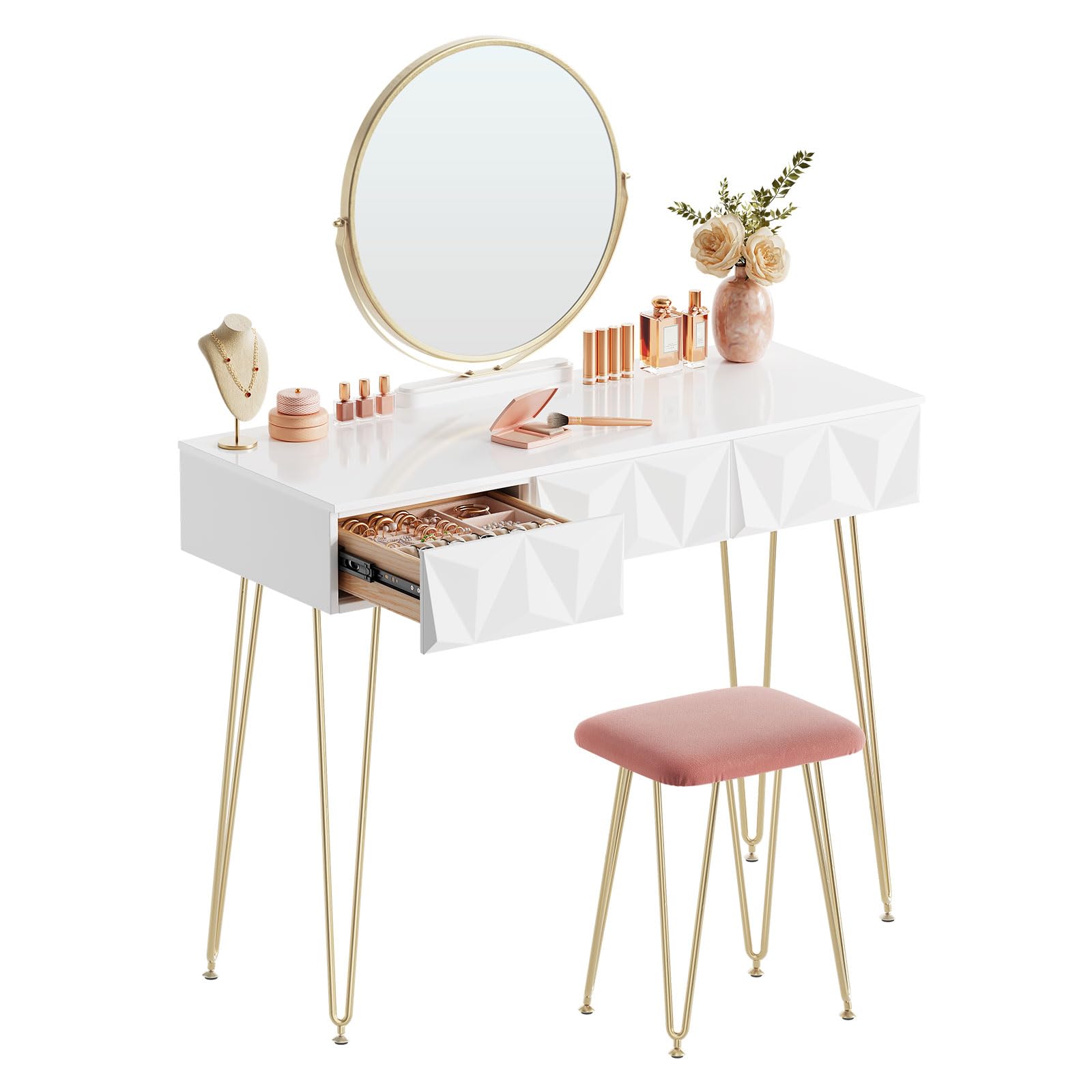 EUGAD White Dressing Table with Velvet Pink Stool 360° Swiveling Mirror Set with 3 3D Effect Drawers Under the Makeup Bedroom Desk Dresser Set Hairpin Legs