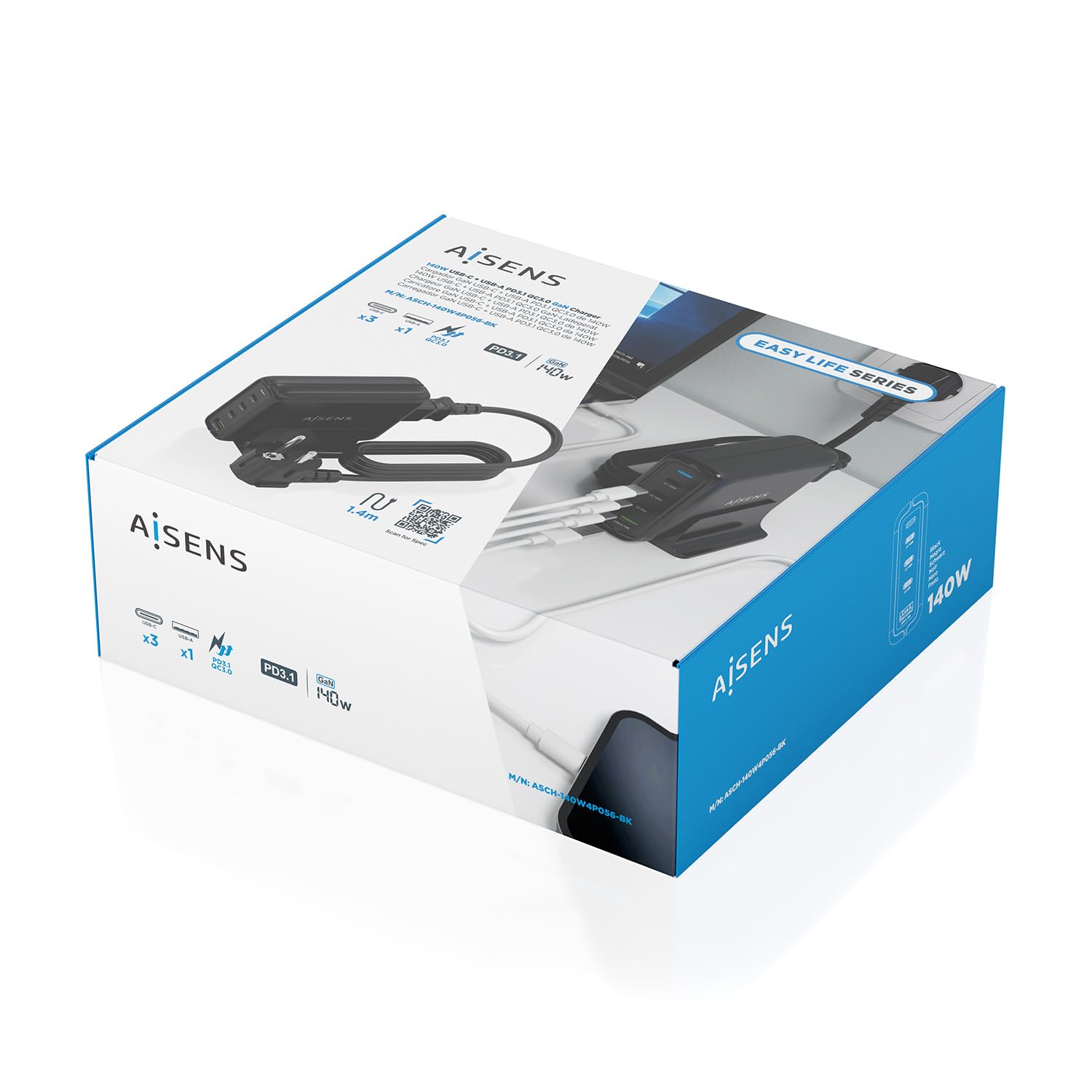 AISENS Cargador sobremesa GAN 140 W, 3 x USB-C PD3.1 QC4.0 QC5.0, 1 x USB-A QC3.0, Negro