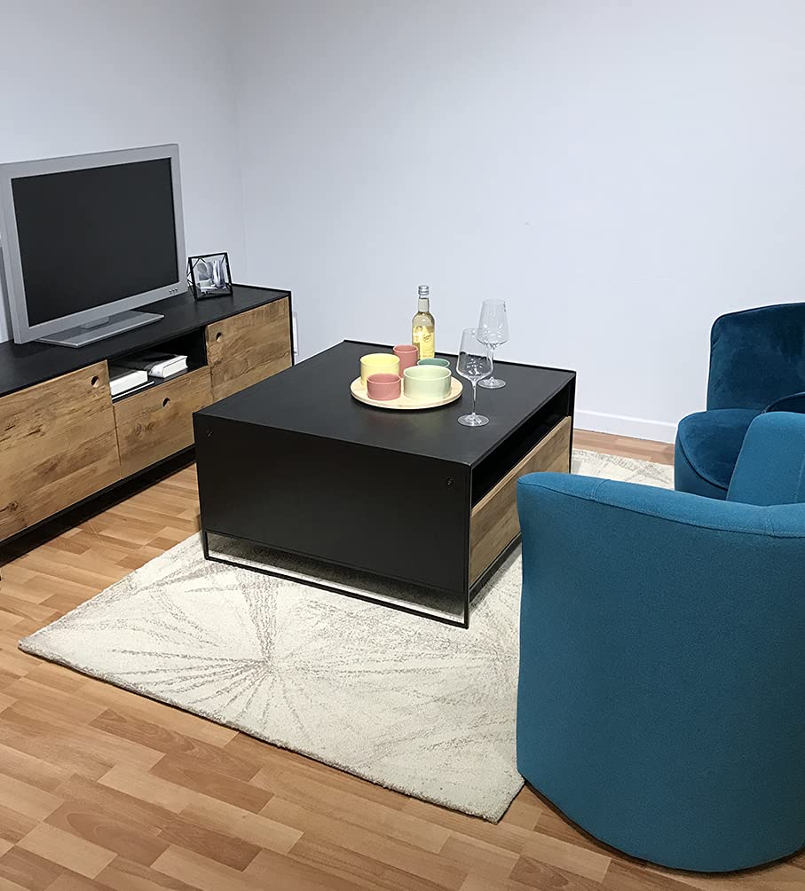 Muebletmoi - Mesa baja contemporánea de 80 cm con metal y pino reciclado con un cajón de almacenamiento, colección Chalet