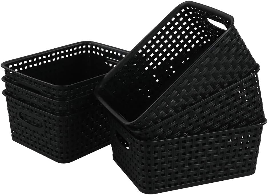 Black Plastic Woven Baskets for Storage, Set of 6 Small Basket Bins