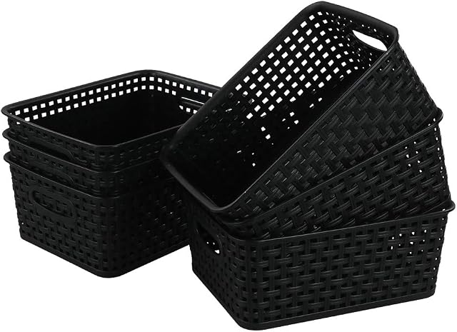 Eudokky Black Plastic Woven Baskets for Storage, Set of 6