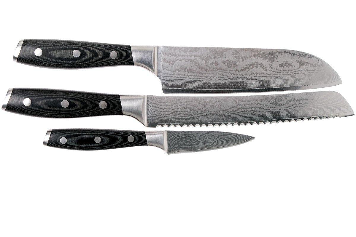 Set de 3 Couteaux Eden Classic Damast EQ2030-S07 Set de Couteaux avec Santoku, Couteau à Pain et Couteau d'Office, Acier de Damas