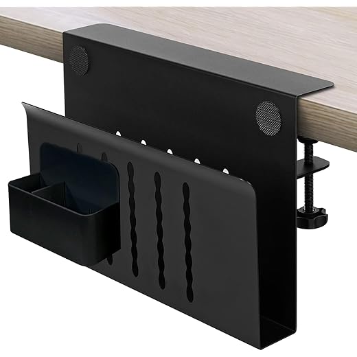 Under Desk Laptop Holder, Desk Side Storage with Anti-Scratch Pad & Magnetic Pen Holder, Clamp on Table Organizer for Office Home Fits Flat Edge Table 0.3" to 2.3"