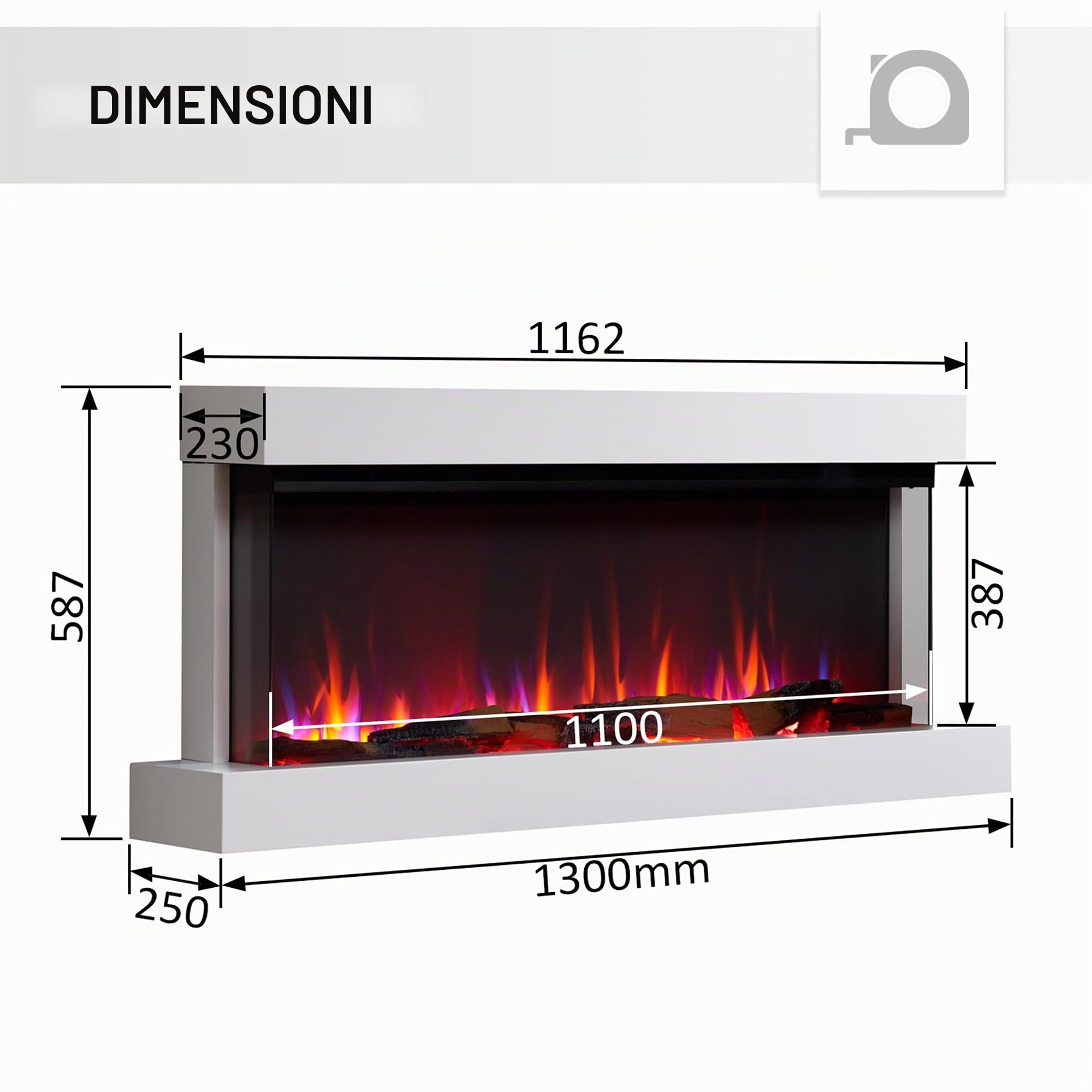 BALDERIA Camino elettrico Achilles L | Camino elettrico da parete con effetto fiamma 3D | Riscaldamento 1500 W, illuminazione a LED, WiFi, controllo app, suono scoppiettante, telecomando, timer e