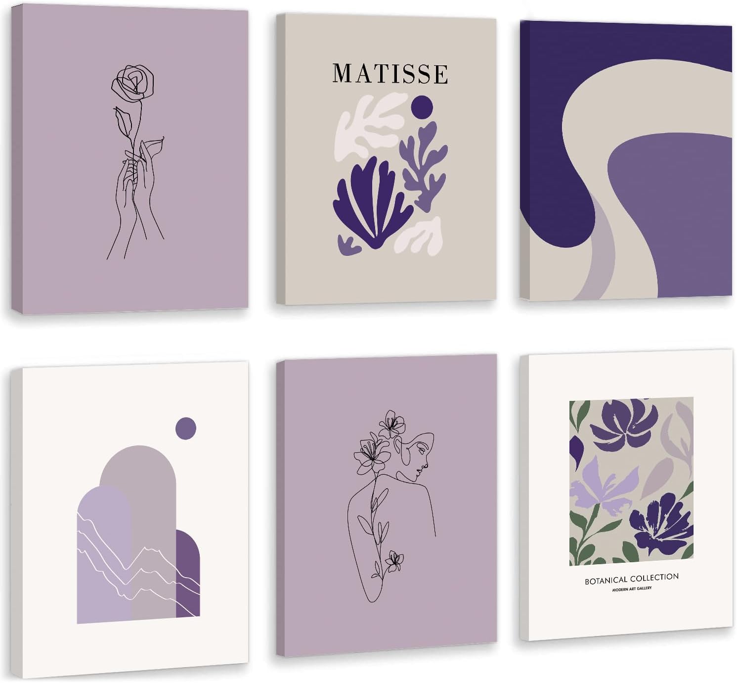 CHDITB Matisse Theme Wall Decor Purple Flowers Canvas Prints Minimalist Floral Framed Set of 6(12”X16”) Matisse Wall Art Posters Abstract Matisse Botanical Decor for Living Room Dress Room Girls Room