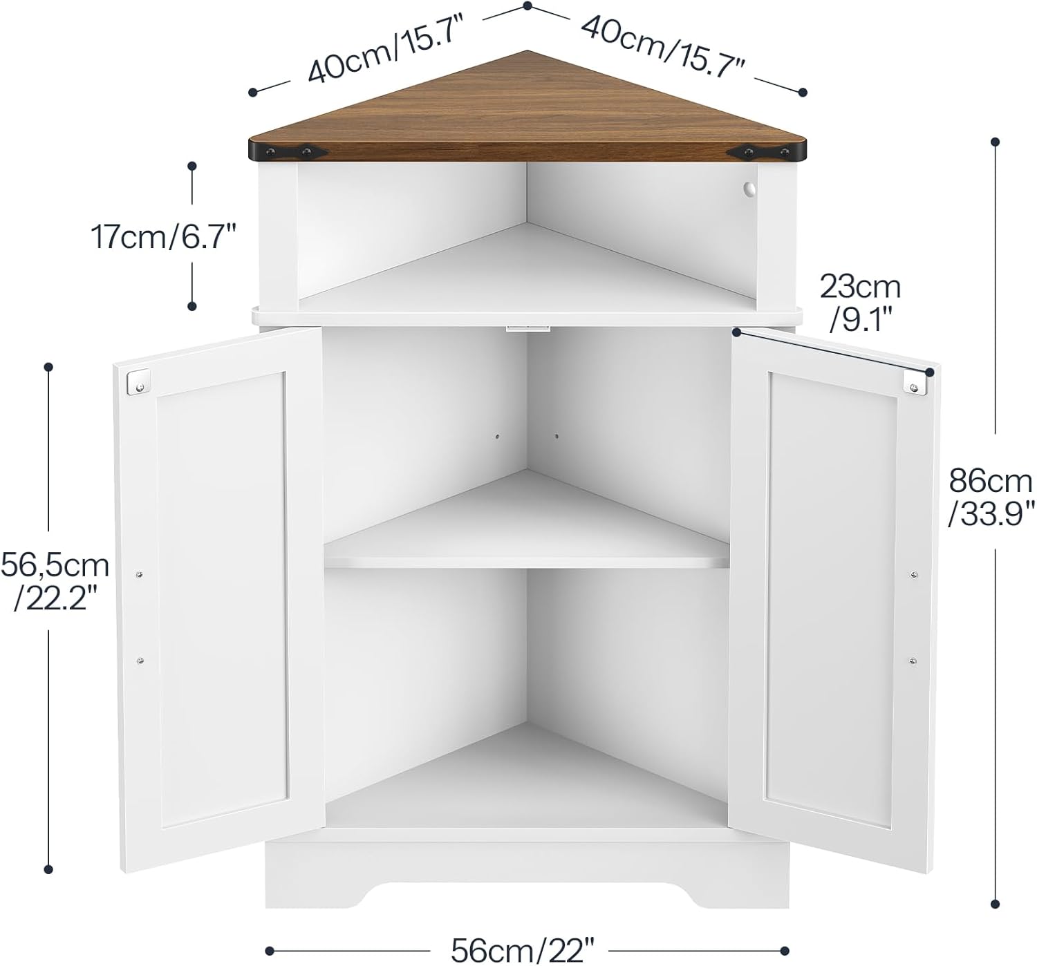 HOOBRO Farmhouse Corner Cabinet, Small Corner Storage Cabinet with Lights, Wooden Corner Cabinet with Doors and Adjustable Shelves, for Bathroom, Living Room, Kitchen, White and Walnut WH119DCJ01
