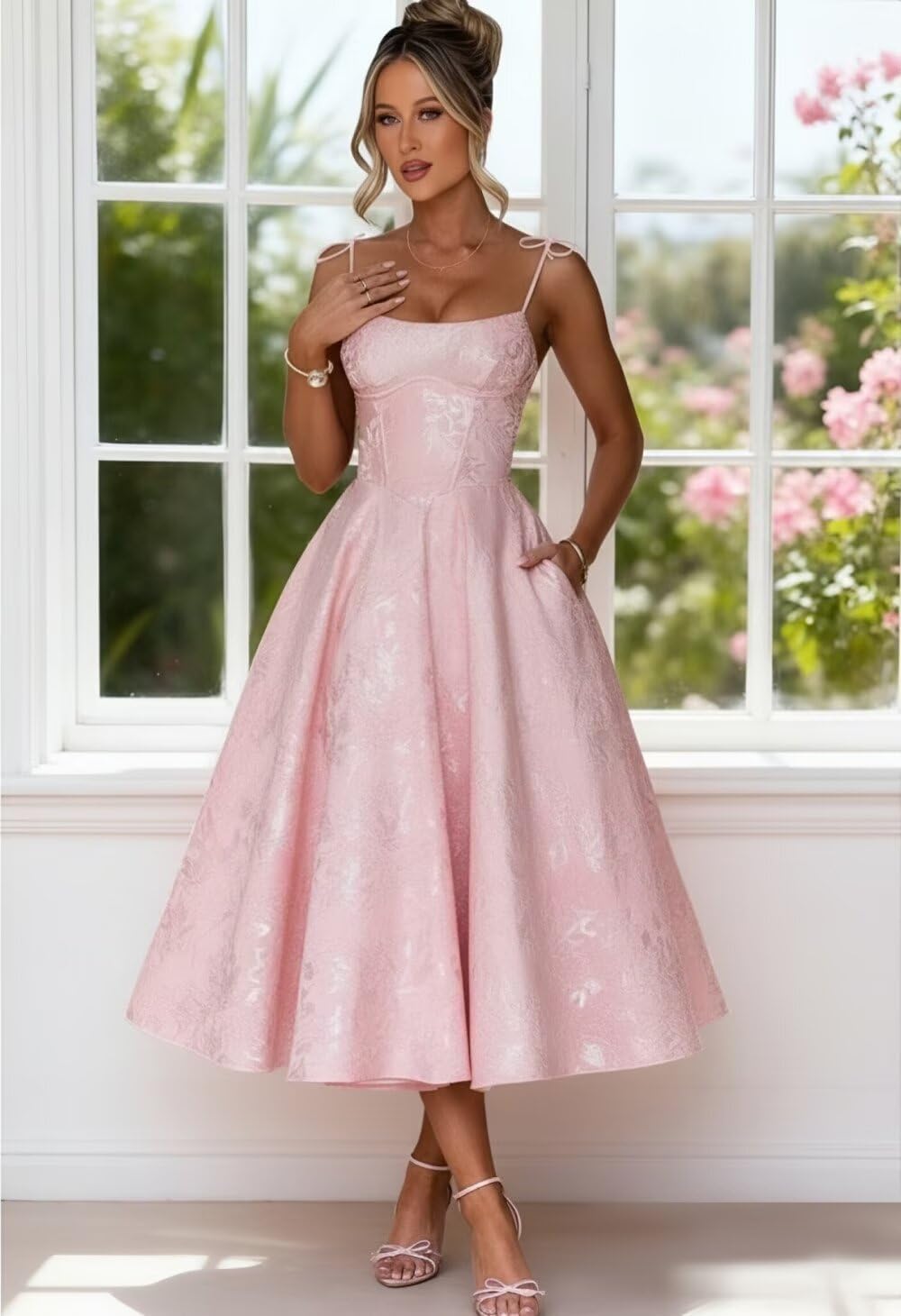 Women's Satin Jacquard Prom Dresses for Wedding Spaghetti Straps Square Neck Midi Formal Evening Dress - Image 6