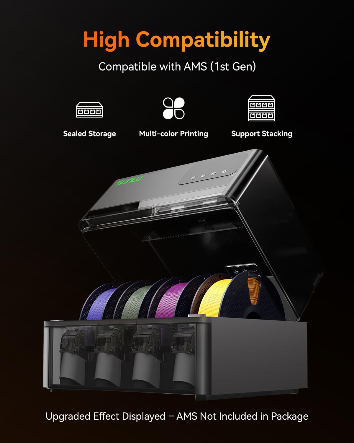 SUNLU Ufficiale AMS Heater, Asciugatura e Stampa Simultanea, Asciugatore per filamenti per stampante 3D per AMS Gen 1, Controllo Umidità Intelligente, 70°C in 20 Min, Capacità 4 Bobine