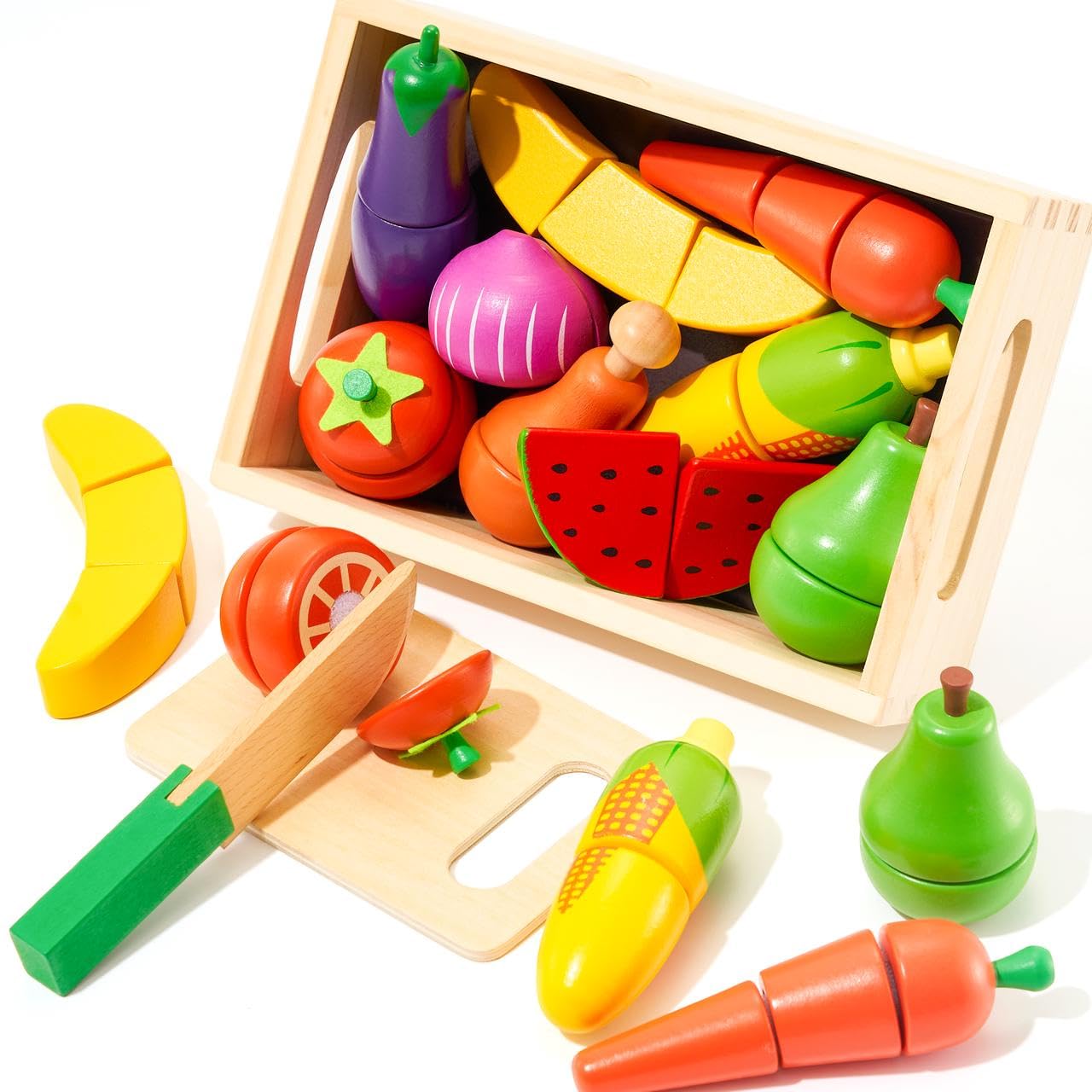 SYNCFUN Wooden Play Food Toys for Kids, Kitchen Toy Play Sets - Cutting Fruits and Vegetables With Accessories for Children - Learning Gift for Boys and Girls 3+ Years