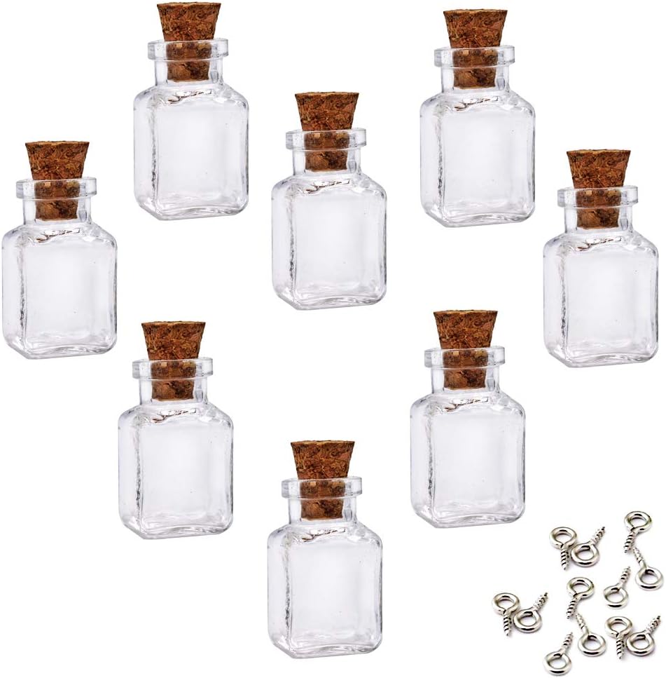 LEFV Mini Cork Top Glass Bottle Vial Charm 1 Inch - 12pcs Clear Bottles with Corks and 12pcs Eye Screws - Miniature Empty Sample Jars Message Bottle Small Tiny Size Pendant,Cube