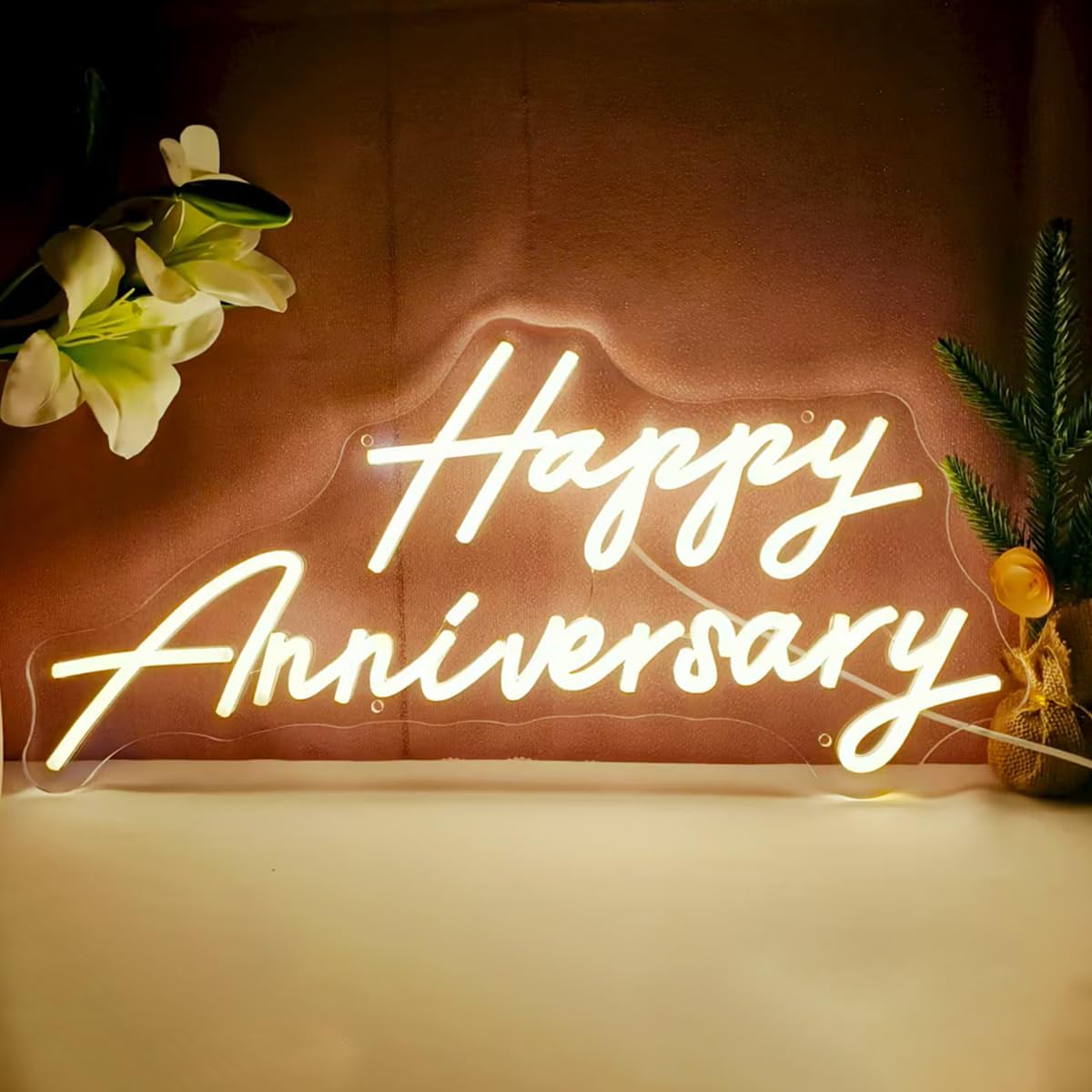 Photo 1 of 20X10 Inch Large Happy Anniversary Neon Sign, USB Powered Lights Sign, LED Celebratory Neon Lights Sign for Wedding Anniversary Party, Lights Up for Home, Bar, Shop, Warm White