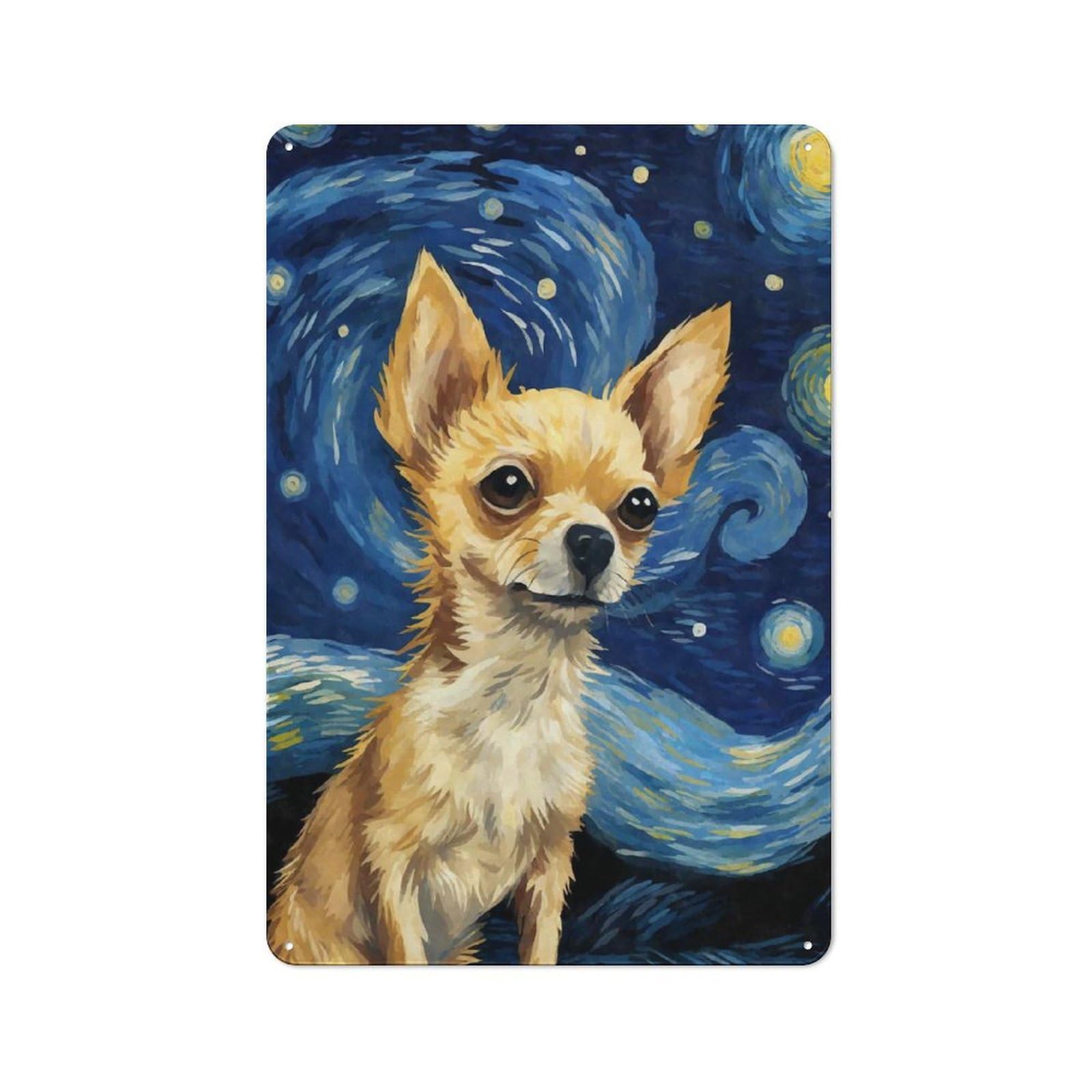Junmoney Style-24 Chihuahua Starry Night Urban Metal Wall Decor 30X20cm, Metal Wall Art Sign For Loft, Studio, Office Or Creative Room