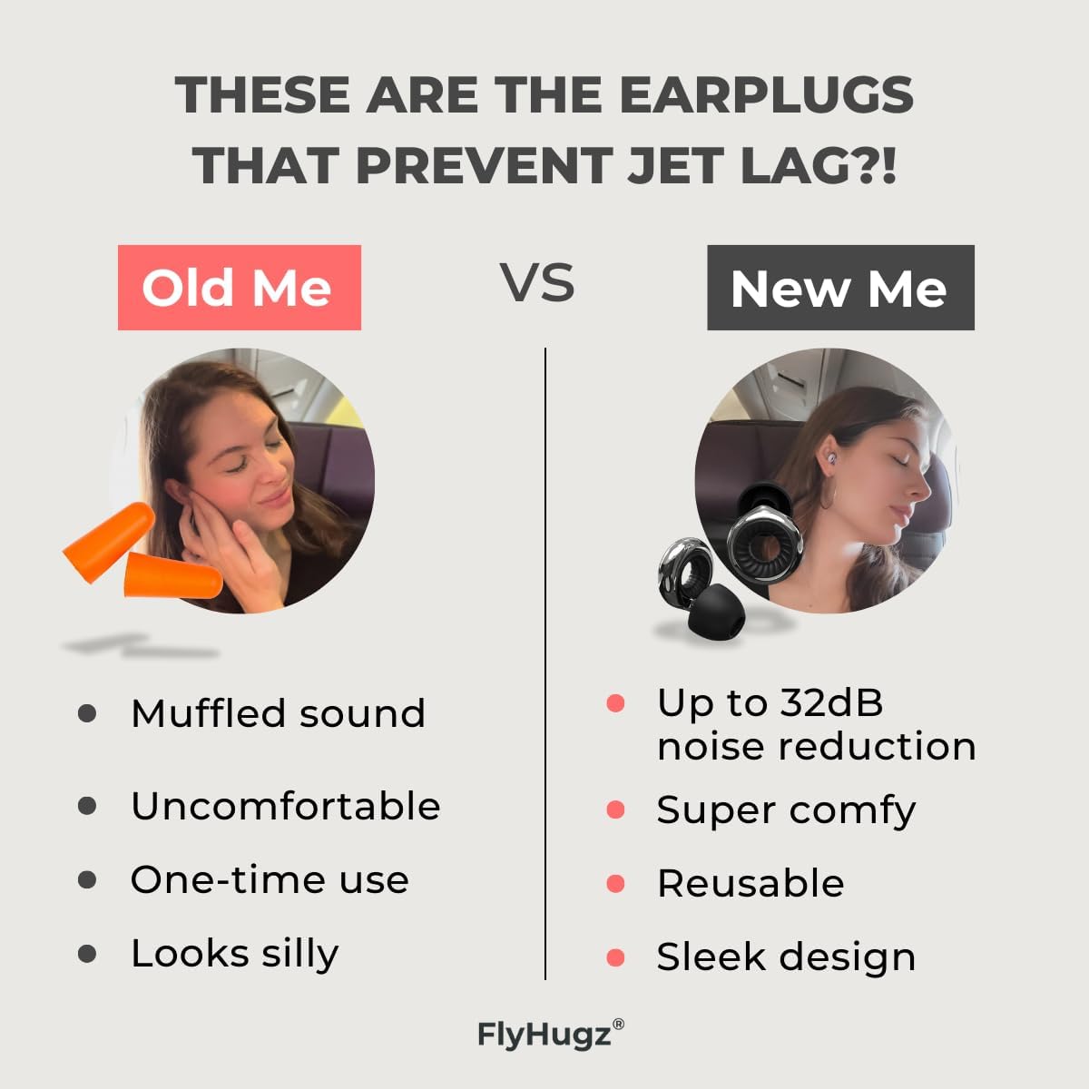 FlyHugz HushLoop - Grey Noise Cancelling Ear Plugs for Sleeping, Tinnitus Relief & Snoring – Reusable Loop Earplugs for Concerts, Travel, Work – with Carry Case
