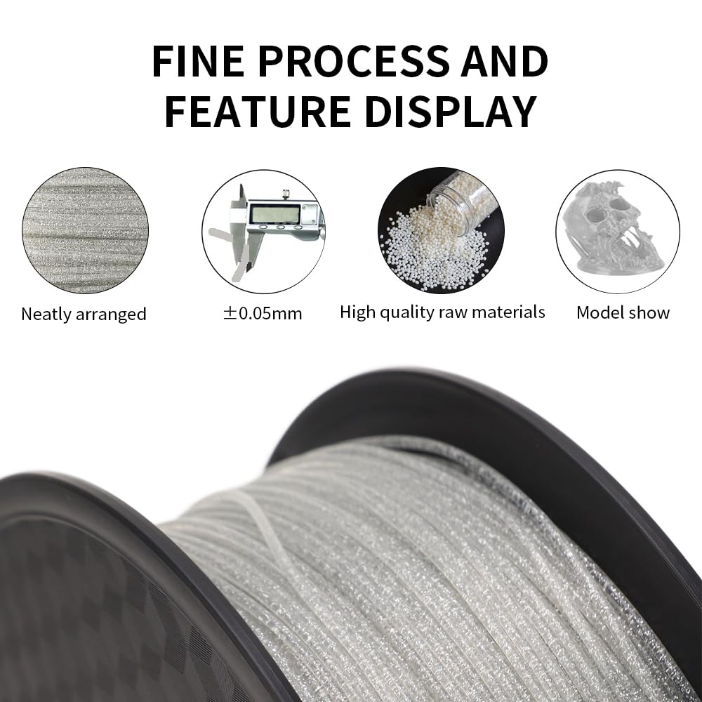 BORDSTRACT 3D Printer Filaments, 1.75mm 1kg Multicolor Shiny Glitter PLA Neat Lines, Silver Printing Filaments Suitable for Ordinary 3D Printer Modeling