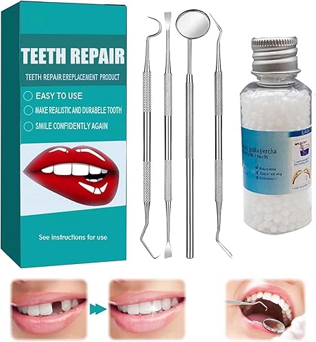 Kit de reparación temporal de dientes, gránulos moldeables de reparación de dientes falsos, cuentas de dientes de temperatura con 4 herramientas