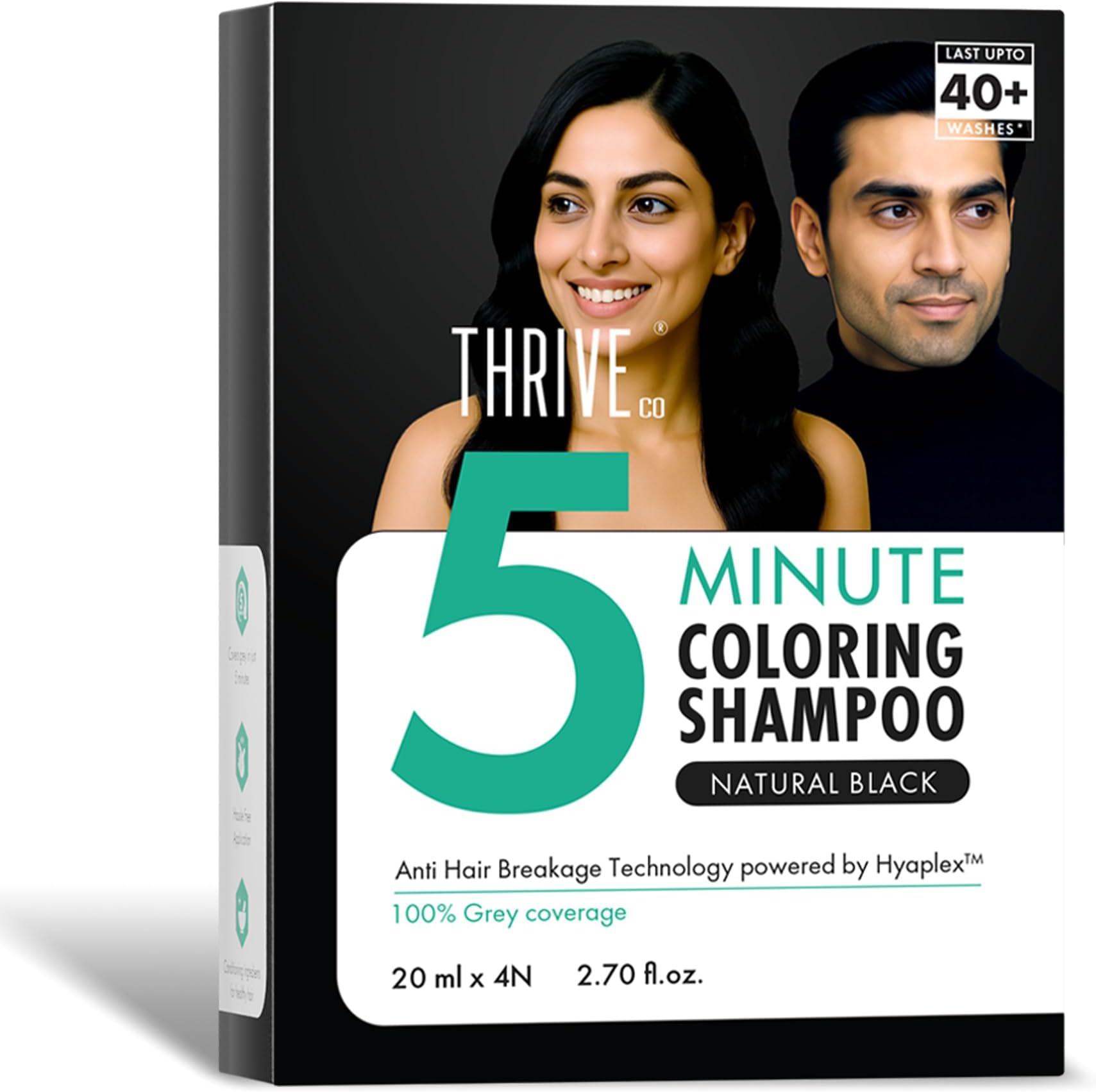 ThriveCo Hair Coloring Shampoo, Natural Black | 5-Minute Instant Hair Dye Color Shampoo | 100% Coverage for Grey Hair | Ammonia-Free, Long Lasting | Glossy Finish with Hyaplexโข | for Men & Women | Pack of 4 x 20ml (80ml)