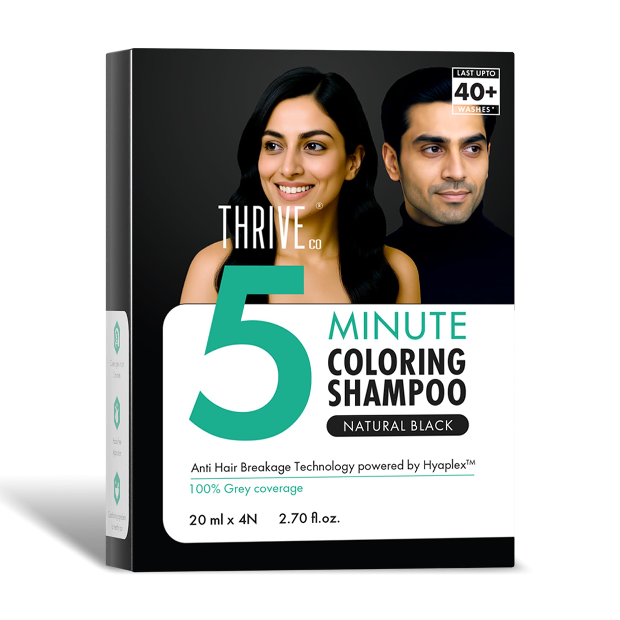 ThriveCo Hair Coloring Shampoo, Natural Black | 5-Minute Instant Hair Dye Color Shampoo | 100% Coverage for Grey Hair | Ammonia-Free, Long Lasting | Glossy Finish with Hyaplex™ | for Men & Women | Pack of 4 x 20ml (80ml)