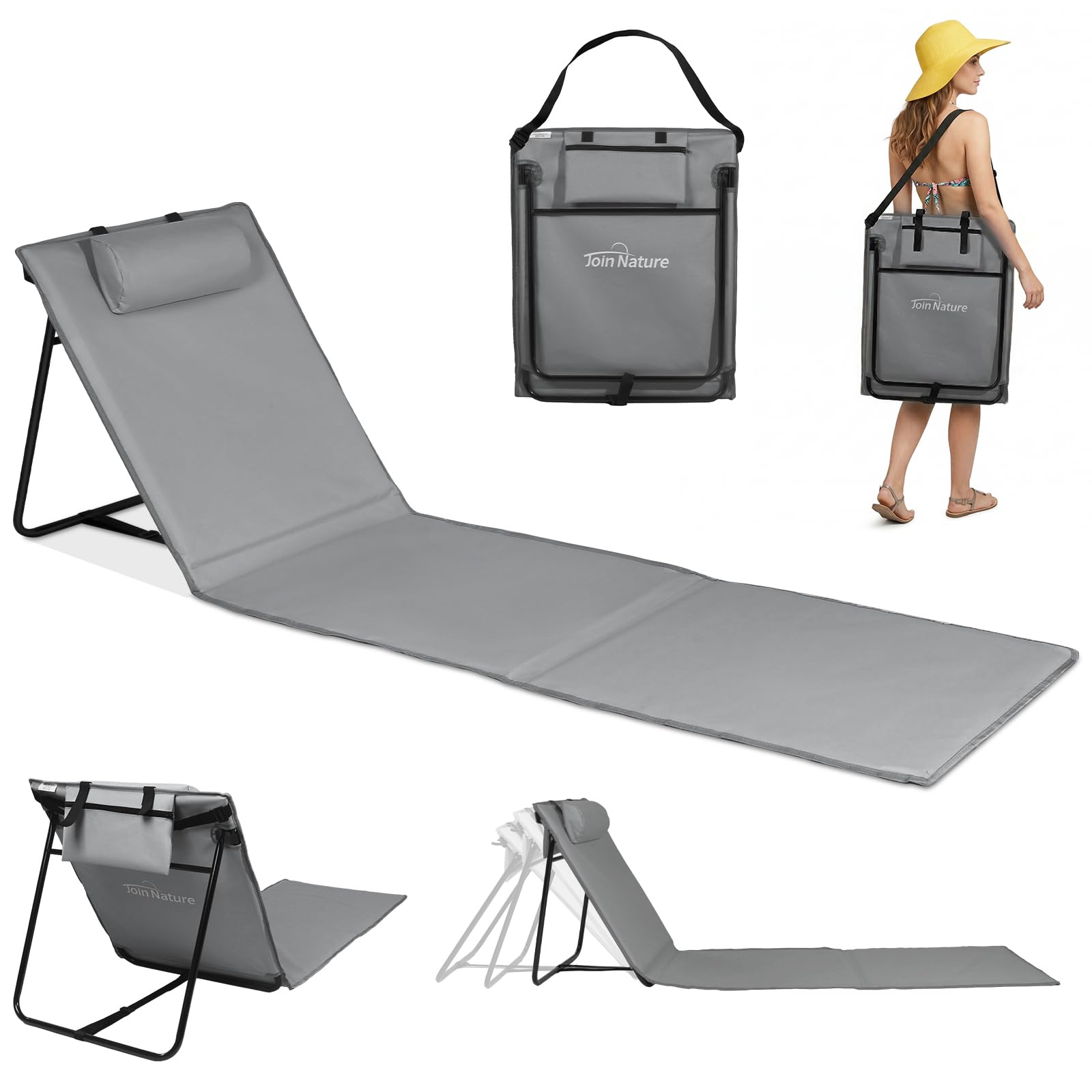 Join Nature Mata plażowa, bardzo długi leżak plażowy, składany, 186 x 53 cm, leżak plażowy z regulowanym oparciem, łatwy do przenoszenia z uchwytem, na kemping, do ogrodu, na basen