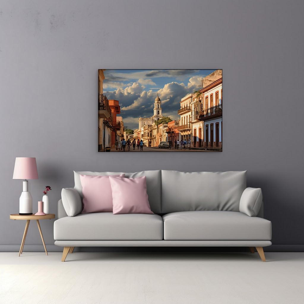 Canvas for Living room. Vivid Cuban Street Life: Colorful Buildings, Charming Chaos and the Imposing Church Tower, 27 x 18 inch Canvas Wall Art - Ready to Hang